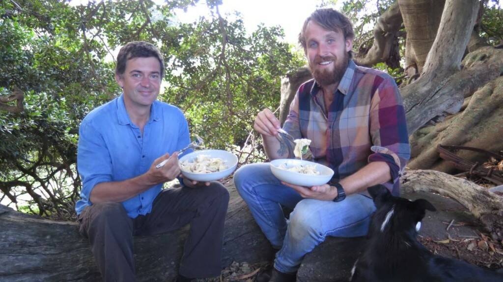 Will with River Cottage Australia host, Paul West eating something mushroomy. Pictures: Supplied