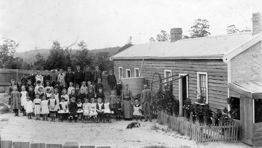 The Bangor School was sold off when the mine closed, but survived and is seen here in 1893. The teachers are James and Mary Bladon. (QVMAG 1995:P:1035)