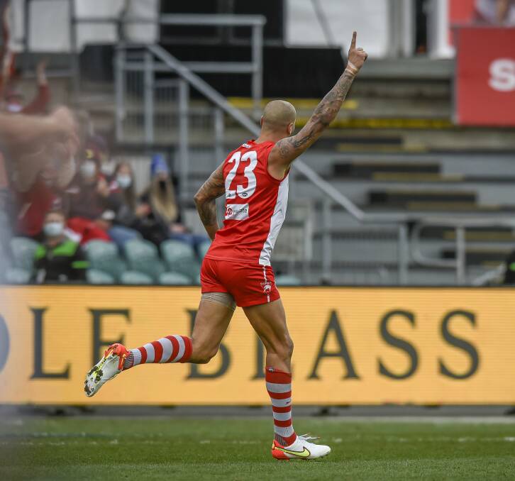 BUDDY DELIGHT: Lance Franklin kicked three goals in his return to UTAS Stadium against his former side. Picture: Craig George 