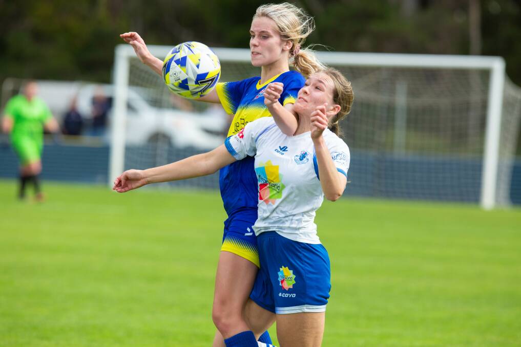 Devonport's Emily Smith contests the ball in her match against Launceston United. Picture: Eve Woodhouse