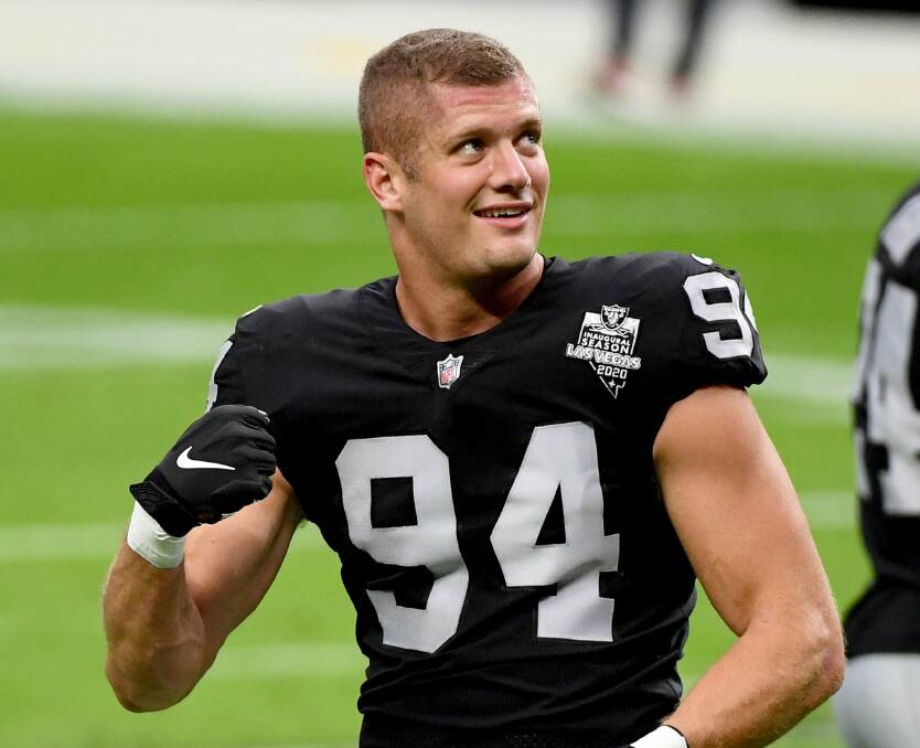 Las Vegas Raiders' Carl Nassib made history last year as the only active player in the NFL to come out as gay. Picture: Twitter