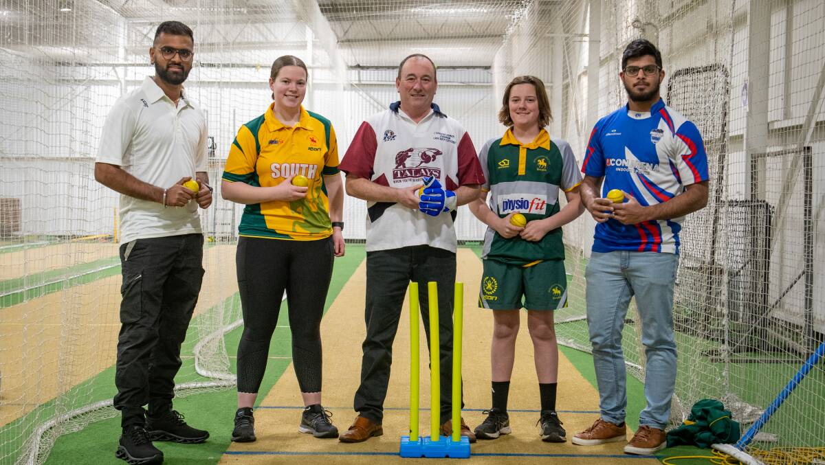 GAME TIME: Indoor cricket players Surjeet Bakutra in front of captains Amy Duggan, Beau Skinner, Nashib Nisthar with Dean Hawkins ahead of the state titles. Picture: Paul Scambler 