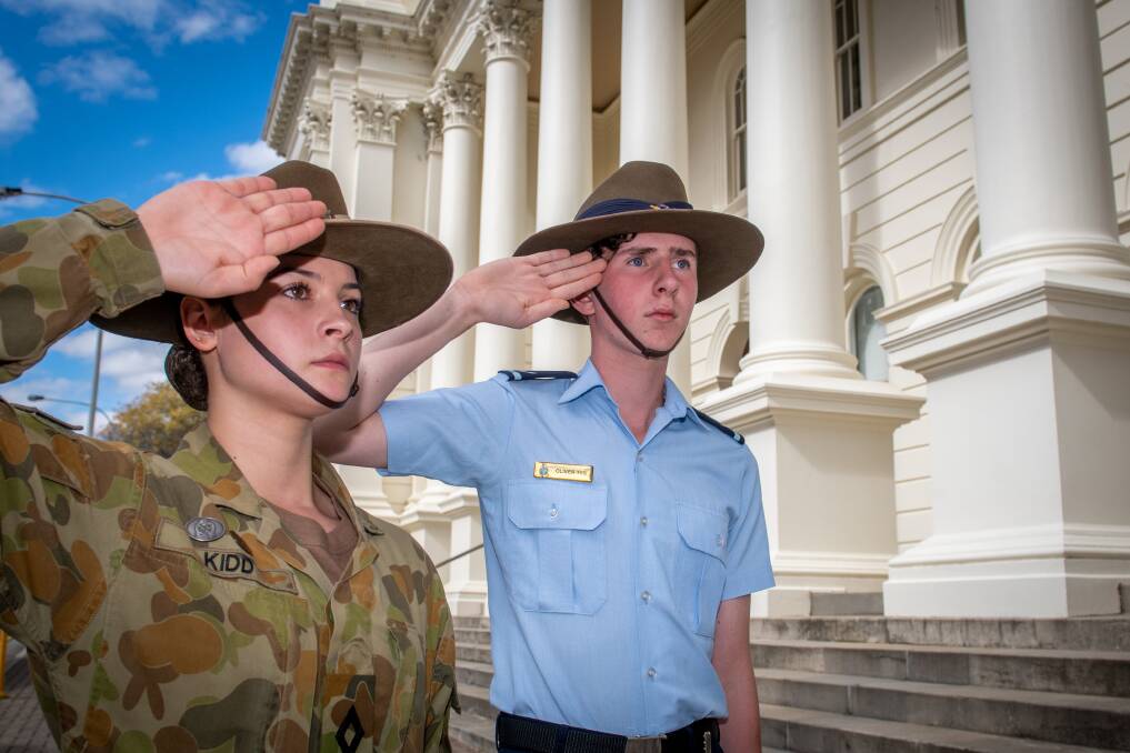 CADETS: 62 Australian Cadet Unit, Cadet under Office Emerald Kidd and Australian Air Force Cadets No.5 Wing 508 Squadron's Corporal Oliver Tys ahead of the ceremony on Sunday March 21. Picture: Paul Scambler