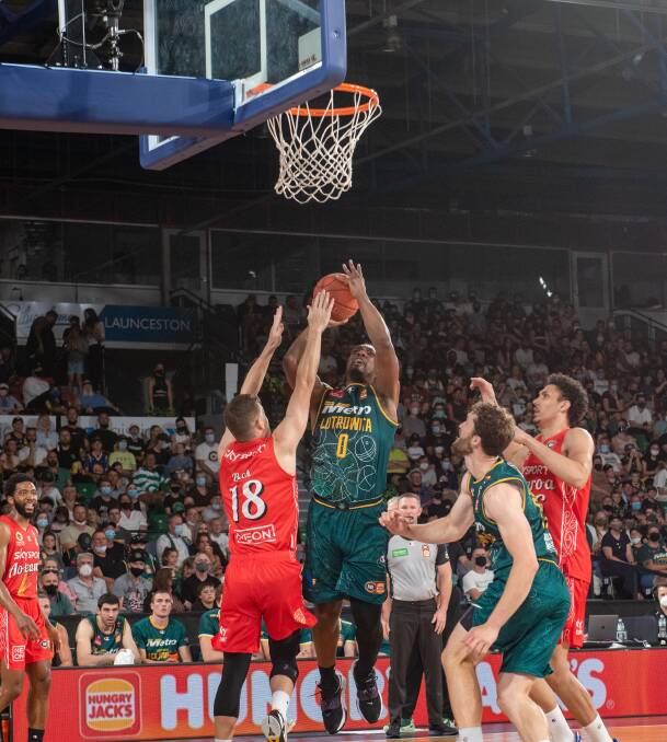 IMPRESSED: MiKyle McIntosh and the Tasmania JackJumpers were impressed by the Silverdome crowd agaisnt the New Zealand Breakers. Picture: Paul Scambler