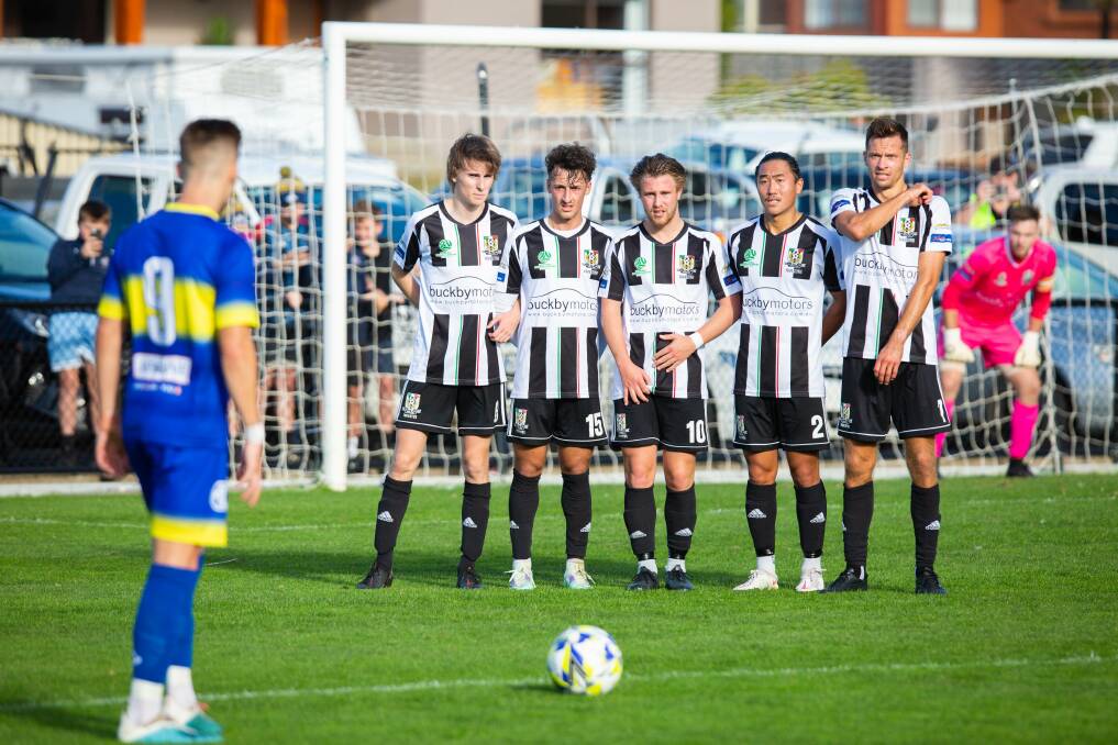 STARE DOWN: Strikers' Roberto Fernandez Garrido stares down the Launceston team before a free kick. Picture: Eve Woodhouse