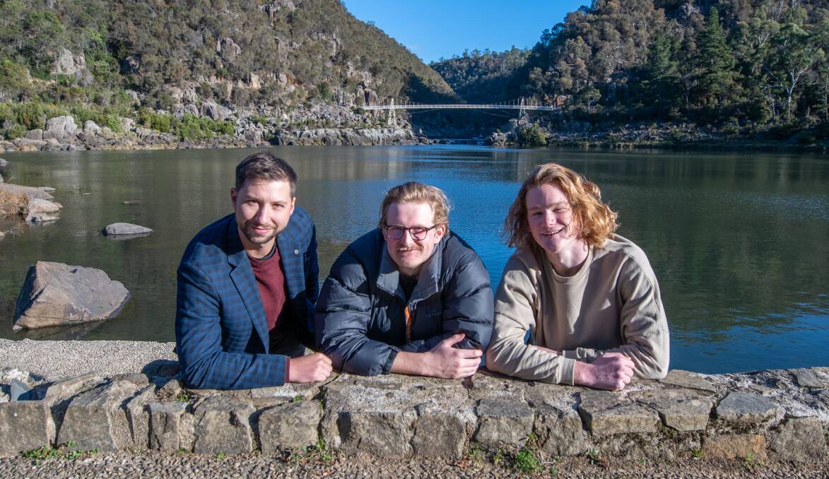 SPLASH: Sam Thiele, Dylan Murach and Zac Ferguson will be participating in the 2021 Solstice Splash and braving the cold waters of Catract Gorge. Picture: Paul Scambler