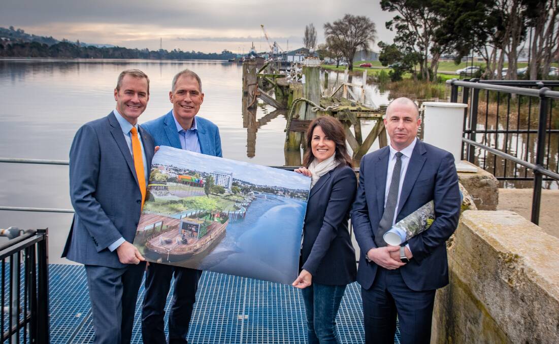 REVEALED: Infrastructure Minister Michael Ferguson, Windermere MLC Nick Duigan, Rosevears MLC Jo Palmer and Department of State Growth deputy secretary Gary Swain with proposed plans for the precinct. Picture: Paul Scambler