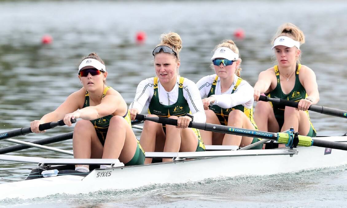 TALENT: Heidi Schouten (left) and Lindsay Calvert (right) representing Australia in the women's U19 coxless four. Picture: Sarah Reed/Rowing Australia