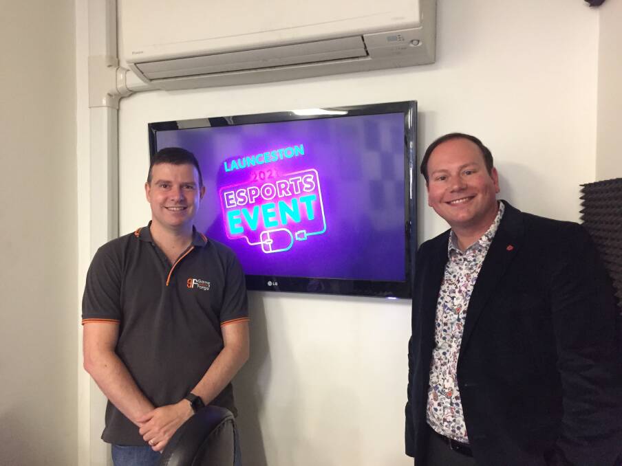 GAMING: The GameForge owner Nick Alcorso and Launceston acting mayor Danny Gibson at the launch of Launceston new League of Legends event. 