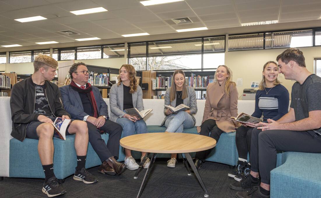 RELAUNCHED: Troy Saunders, University of Tasmania Pro Vice-Chancellor Professor Dominic Geraghty, Jasmine Van Asperen, Lauren Spencer, Education Minister Sarah Courtney, Marina Lee and Will Hadley at the launching the Schools Recommendation Program. Picture: Craig George 