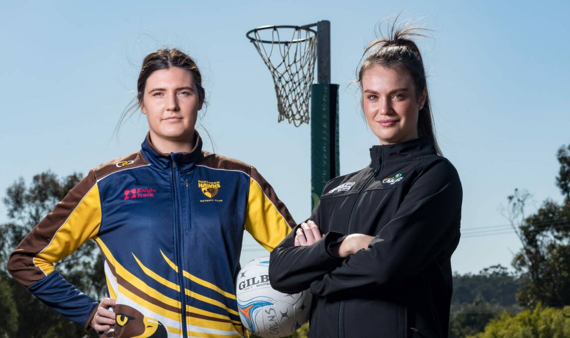 RIVALS: Northern Hawks captain Gemma Poke and Cavaliers vice-captain Estelle Margetts ahead of the Tasmania Netball League grand final. Picture: Phillip Biggs