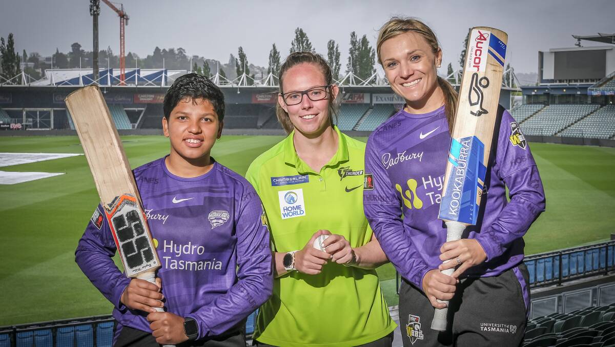 FAREWELL: Hurricanes players Richa Ghosh and Mignon du Preez along with Sydney Thunder's Sam Bates will depart Tasmania as the WBBL heads to the mainland. Pictures: Craig George