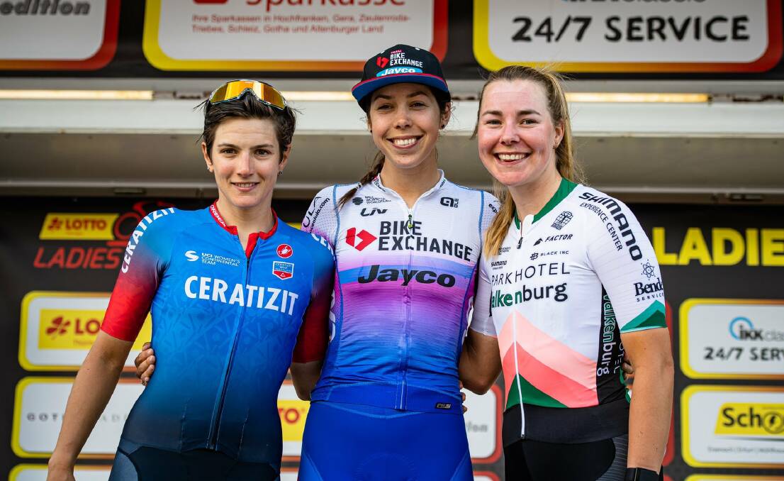 WINNER: Georgia Baker stands on top of the podium after her first race win during the Lotto Thringen Ladies Tour. Picture: Twitter