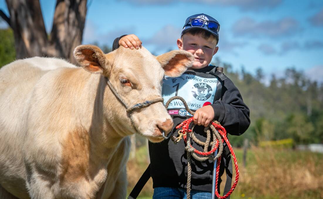 MATES: Mitch Woodiwiss, 8, with Snowflake at the Tasmanian Junior Beef Expo at Deloraine. Pictures: Paul Scambler 