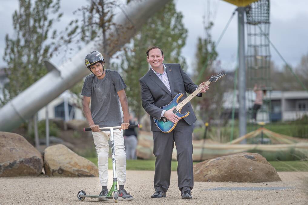 ROCK ON: City of Launceston Council acting mayor Danny Gibson and scooter star Jack Joe ahead of the Skate Park Leagues and Riverbend Rock events this weekend. Picture: Craig George 