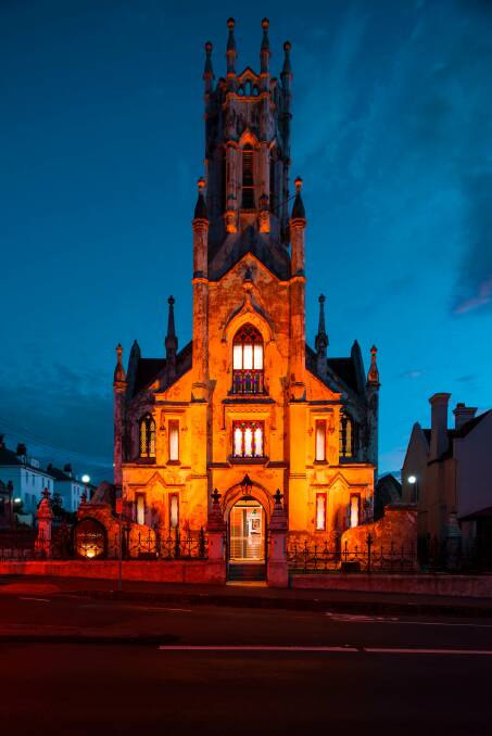 Launceston's Chalmers Church was illuminated for World Fragile X Day. Picture: Supplied 