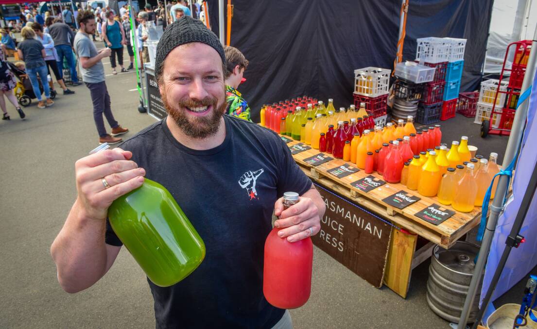 Tasmanian Juice Press owner Bentley Deegan at Harvest Market. Picture: Paul Scambler