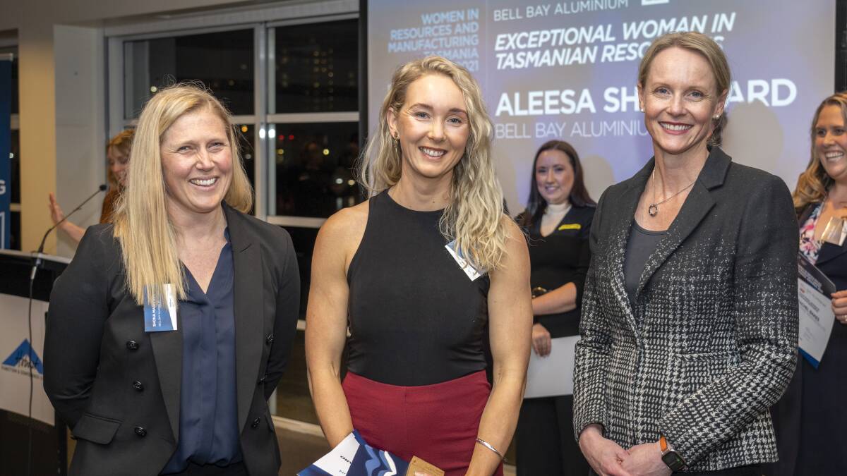 Bell Bay Aluminium general manager Shona Markham, award recipient Aleesa Shepherd and Minister for Skills, Training and Workforce Growth Sarah Courtney. Picture: supplied