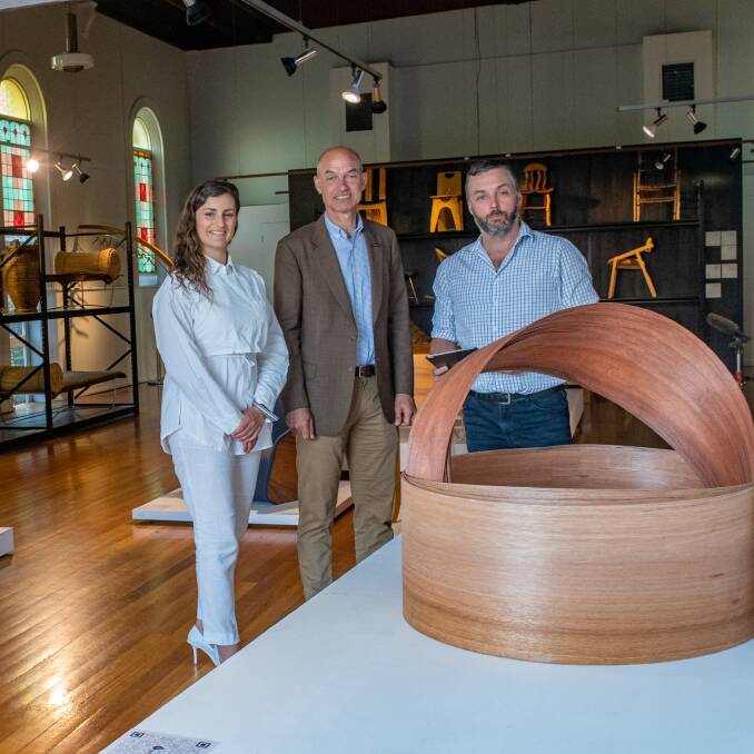 BRAND TASMANIA: The Design Centre Chair Megan Perkins , Minister for Trade Guy Barnett and Hydrowood co-founder Andrew Morgan. Picture: Paul Scambler