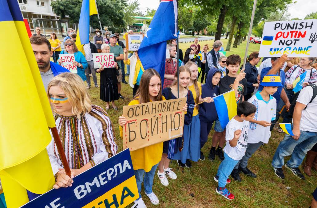 Ukranian-Australians and supporters opposing Putin's decision to invade Ukraine through protest. Picture: Sitthixay Ditthavong