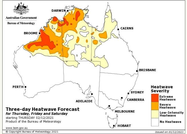 The three-day heatwave forecast map. Picture: Bureau of Meteorology 