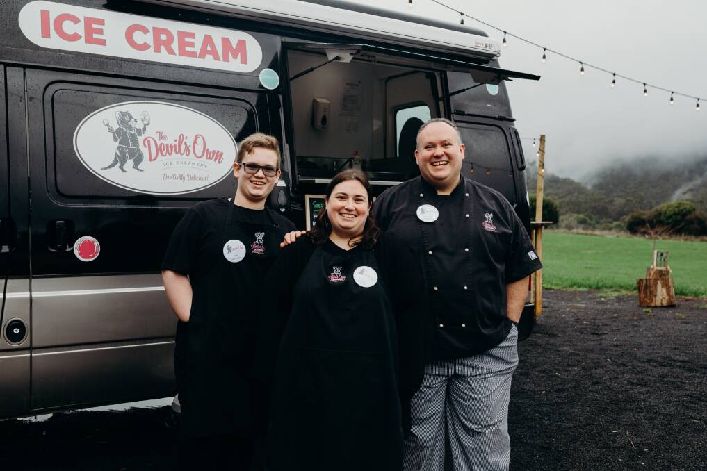 ICE CREAM: 13-year-old Alex with Emma and Martin Hamilton said a portion of their sales would go to the Save the Tasmanian Devil Program as a way to give back to the community. Picture: Jess Oakenfull