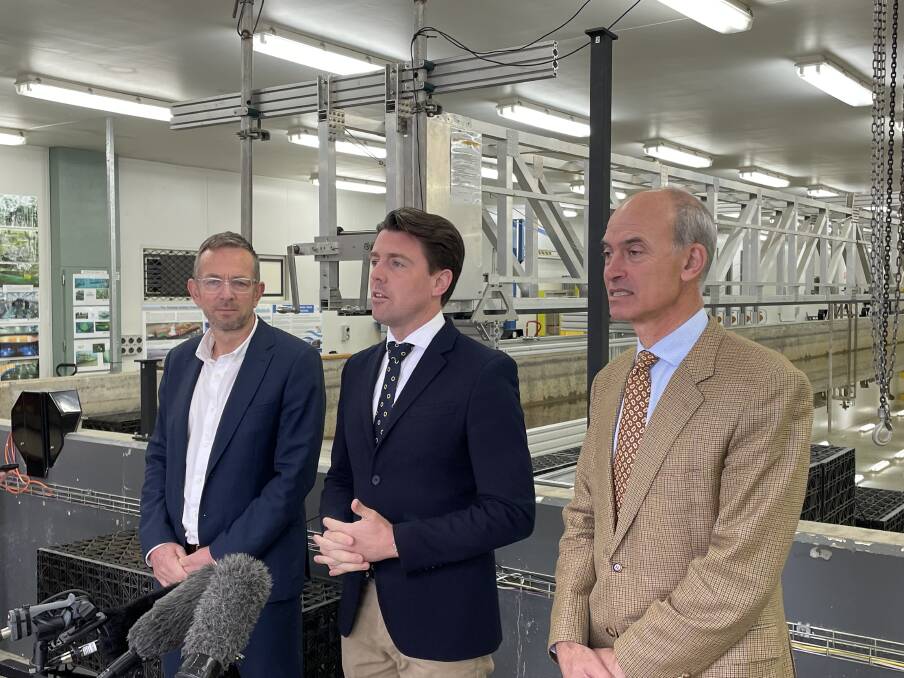 EXPANDING: Dr John Whittington, Senator Jonno Duniam and Minister Guy Barnett at the AMc testing facility in Newnham. Picture: Andrew Chounding 