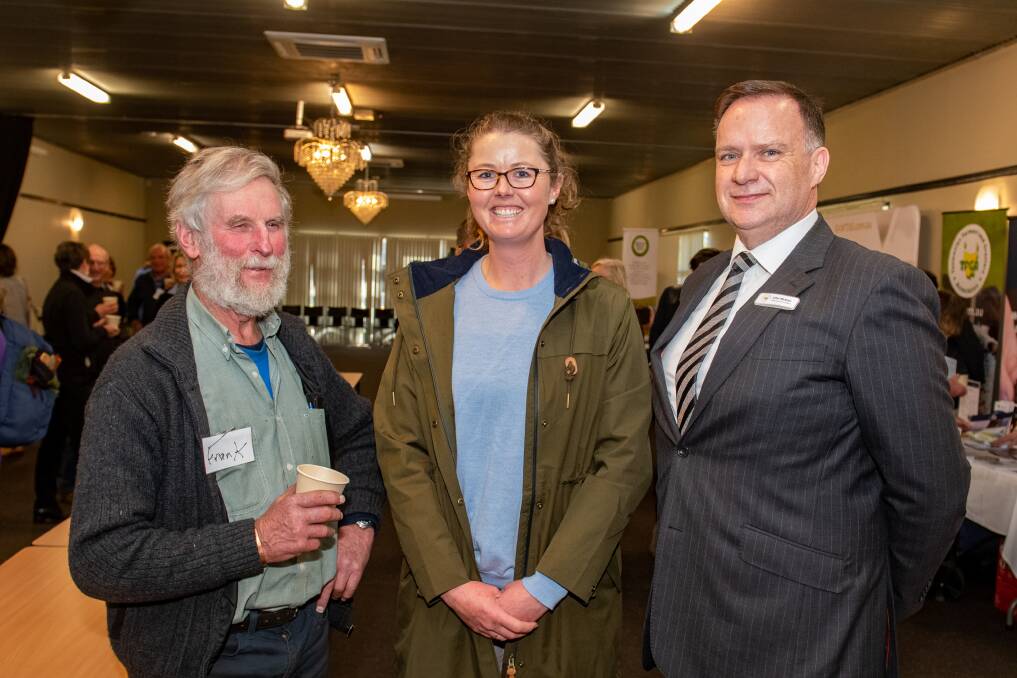 CLIMATE ACTION: Frank Giles and Clare Peltzer with TFGA chief executive John McKew at the first Tasmanian Climate Smart Agriculture Conference on Wednesday at the Tramsheds in Launceston . Picture: Paul Scambler