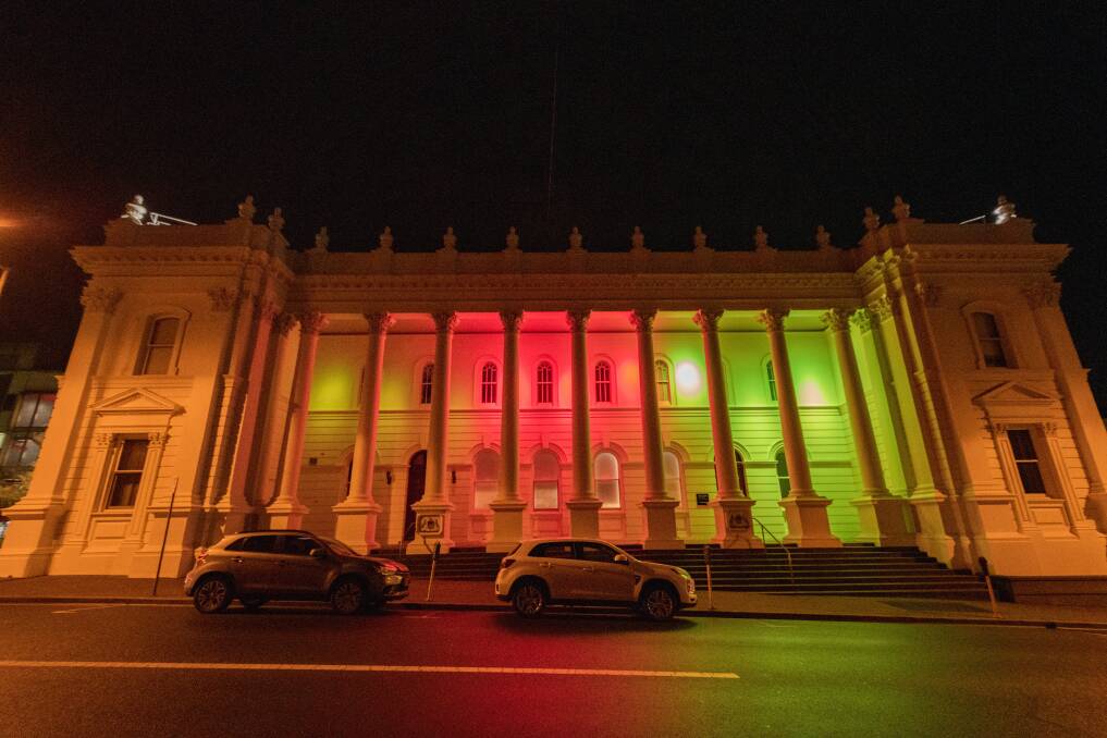 IT'S LIT: The Amnesty International Launceston Action group have lit up Town Hall with the colours of the Afghanistan for Sunday's rally. Picture: Phillip Biggs