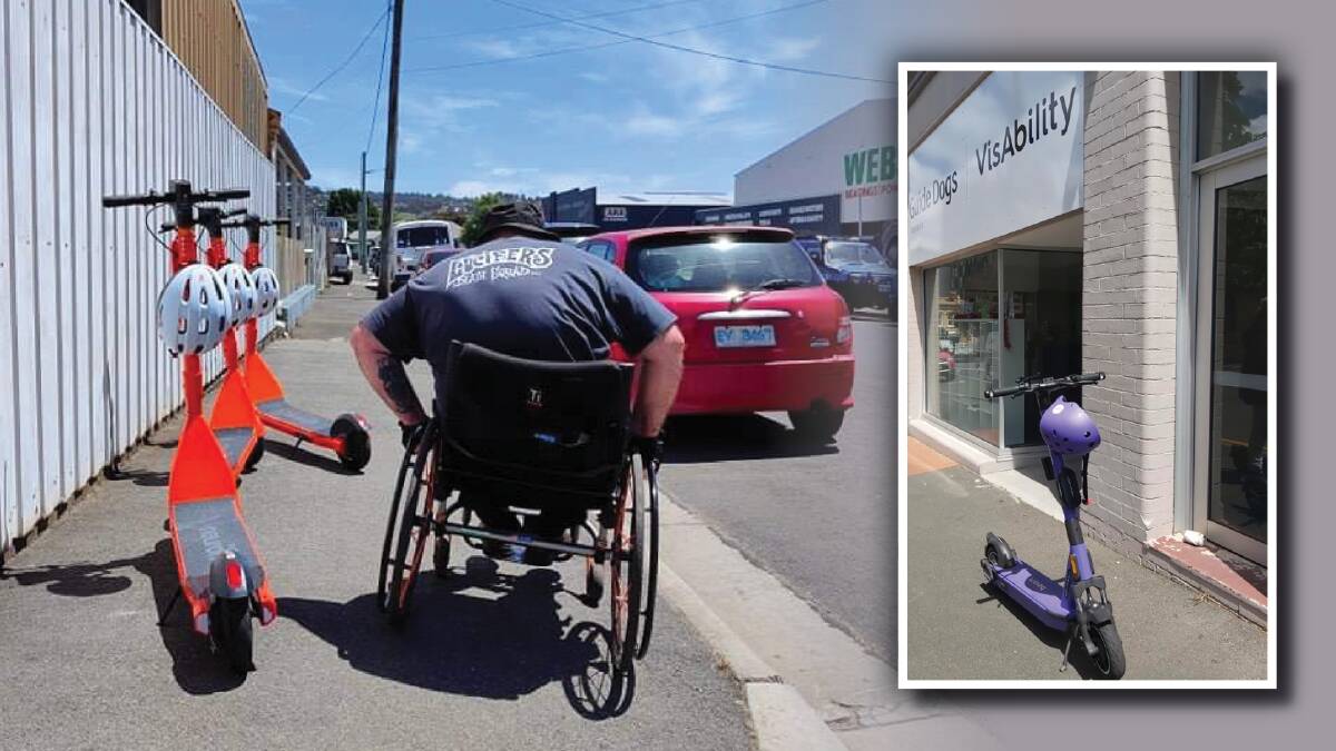 PARKED: A Launceston man in a wheelchair navigates around parked scooters, while an e-scooter was parked in front of Guide Dogs Tasmanian Office. Picture: Supplied