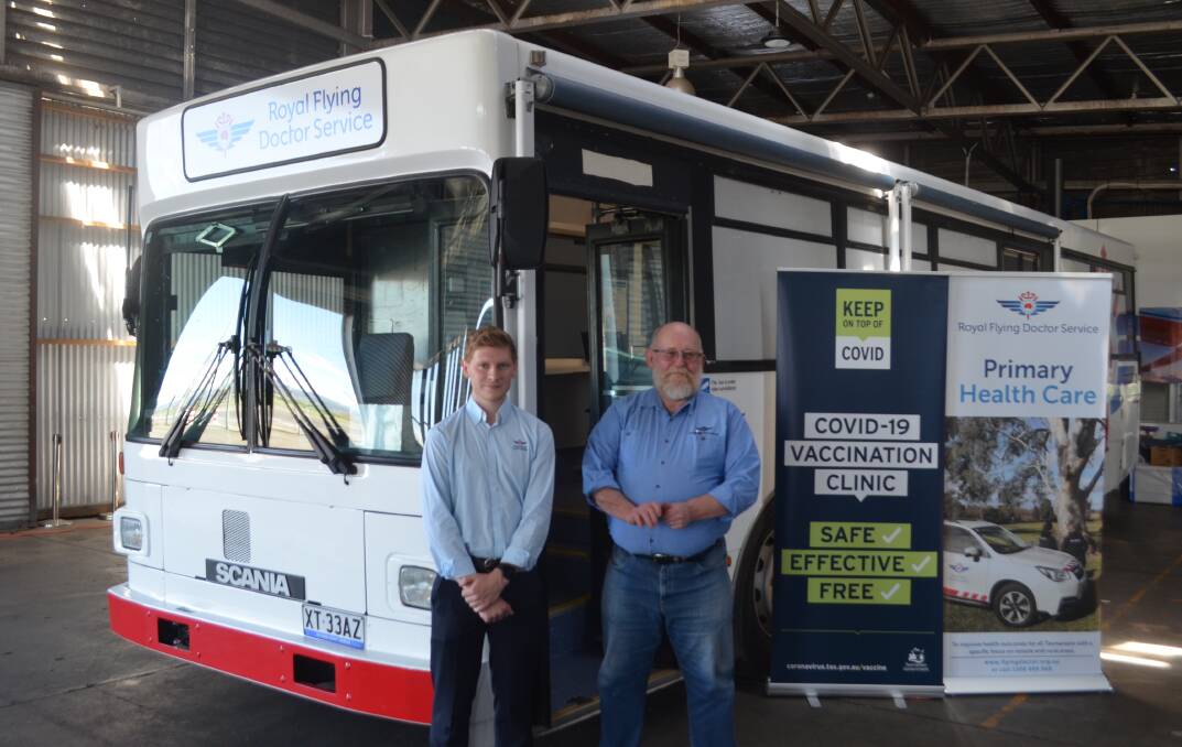ALL ABOARD: Judah Morris and John Kirwan with one of the two buses that will be offering vaccines across the North of the state. Picture: Andrew Chounding 