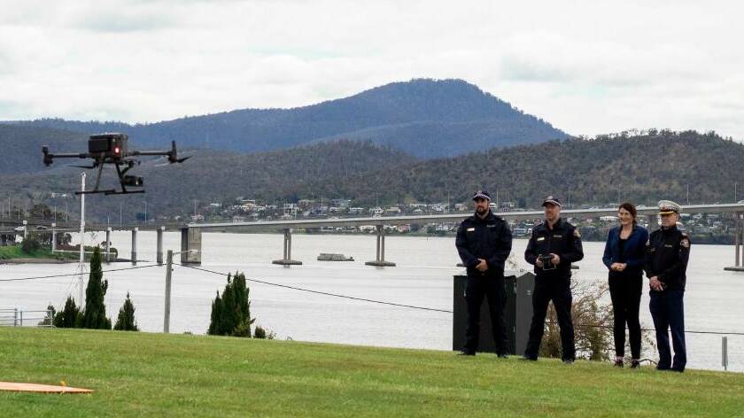 IT'S A DRONE: Officers demonstrate a police drone in Hobart back in 2021. Picture: supplied 