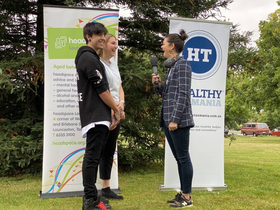 TIME TO GET PSYCHED: Podcast contributors Luke Bracey and Liss Pearson with Healthy Tasmania creative director Penny Terry. Picture: supplied.