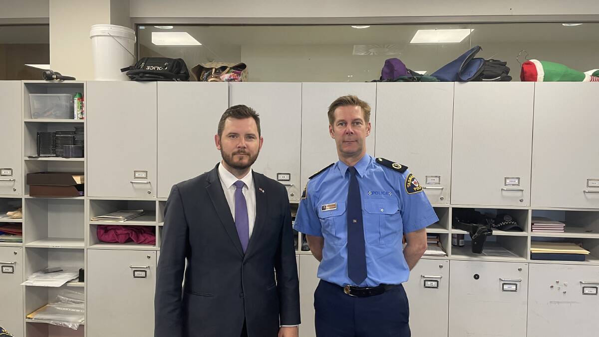 Police Minister Felix Ellis and Tasmania Police Assistant Commissioner Robert Blackwood at the Devonport Police Station where they launched the public consultation. Picture by Rodney Woods
