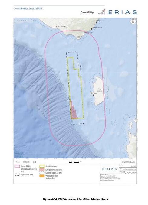 In danger: The seismic blast test area and the zone around it that will be affected, according to the King Island locals.