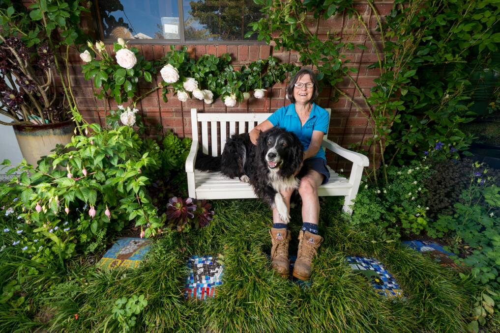 GRACIOUS GARDENER: Sue Arnold, of Arnold's Country Garden and Max the dog prepare their garden for the weekend. Picture: Phillip Biggs