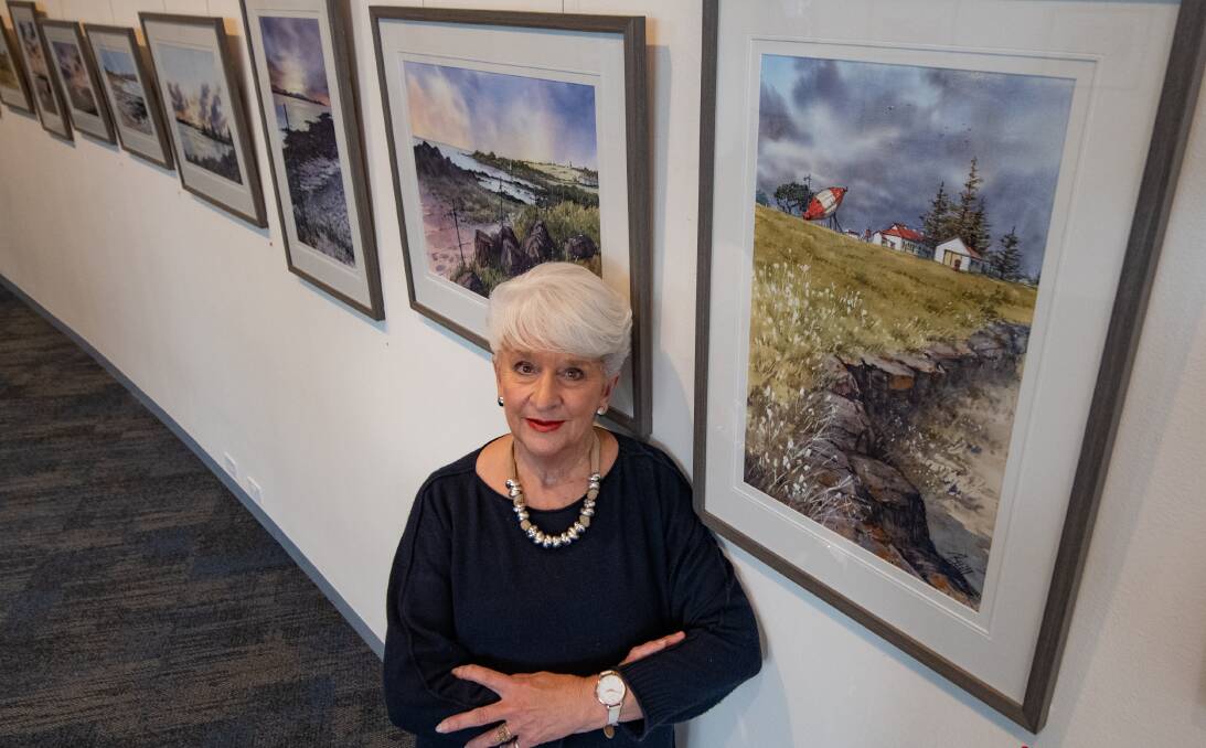 Rosemary Hill and her paintings of Low Head at the s.p.a.c.e gallery at Scotch Oakburn College. Picture by Paul Scambler