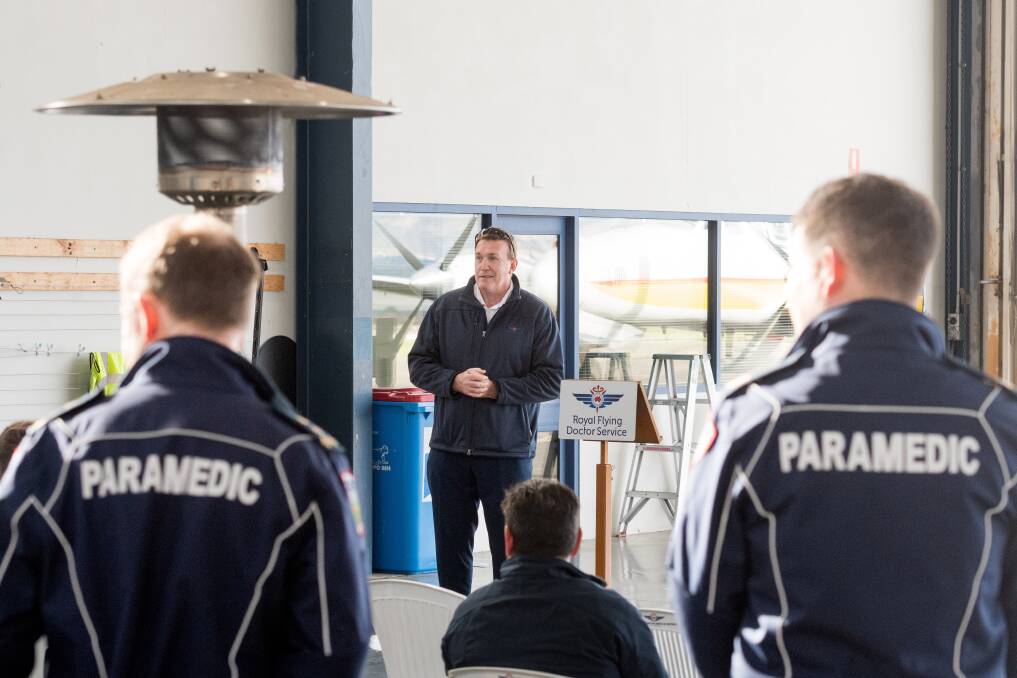 RFDS south east section CEO Greg Sam speaks at the 25th anniversary of the Royal Flying Doctor Services aero-medical operations in Tasmania. Picture: Phillip Biggs