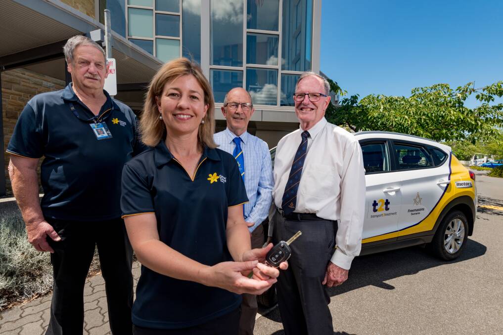Cancer Council volunteer driver Anka Coonan, Cancer Council fundraising and events manager Rebecca Townsend, Freemason Very Worshipful brother Paul Tole, Worshipful brother Bevan Duncan. Picture: Phillip Biggs