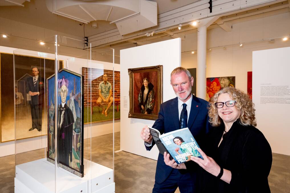 Art Gallery of NSW exhibition curator Natalie Wilson and Launceston mayor Albert van Zetten at the Archibald Prize exhibition at QVMAG. Picture by Phillip Biggs