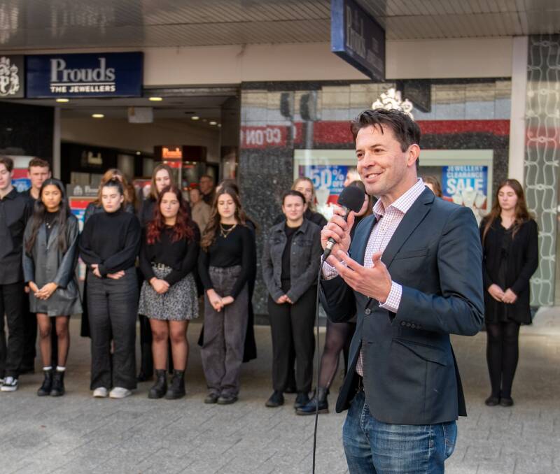 Tyran Parke, Artistic Director, of the Australian Musical Theatre Festival in the Brisbane street mall, opened the festival on Wednesday. Picture: Paul Scambler 