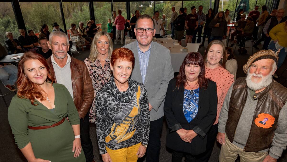 One Nation Senator Pauline Hanson (centre left) with Emma Goyne, Steve Hindley, Melanie Davy, Steve Mav, Michelle Cameron, Norelle Button and Ludo Mineur. Picture: Phillip Biggs 