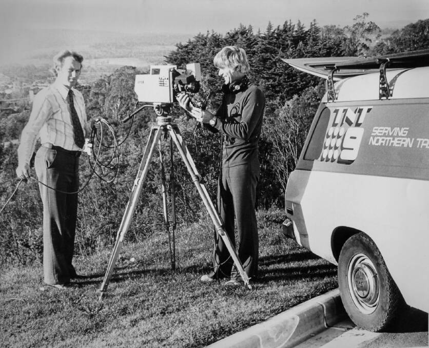  The TNT-9 cine cameramen Russell Fox and Len Scambler with the TK-76 video camera. Picture: Len Scambler's photo archive