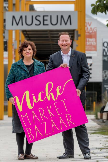 St Giles' Danielle Blewett and Launceston Mayor Danny Gibson announce the Niche Market Bazaar at QVMAG Inveresk. Picture by Phillip Biggs