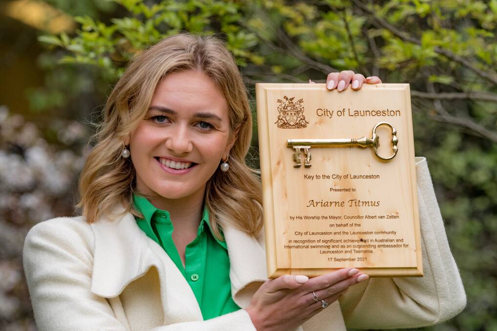 HONOURED: Ariarne Titmus received a key to the city of Launceston in regocnition of her swimming success at the Tokyo Olympics. Picture: Phillip Biggs. 