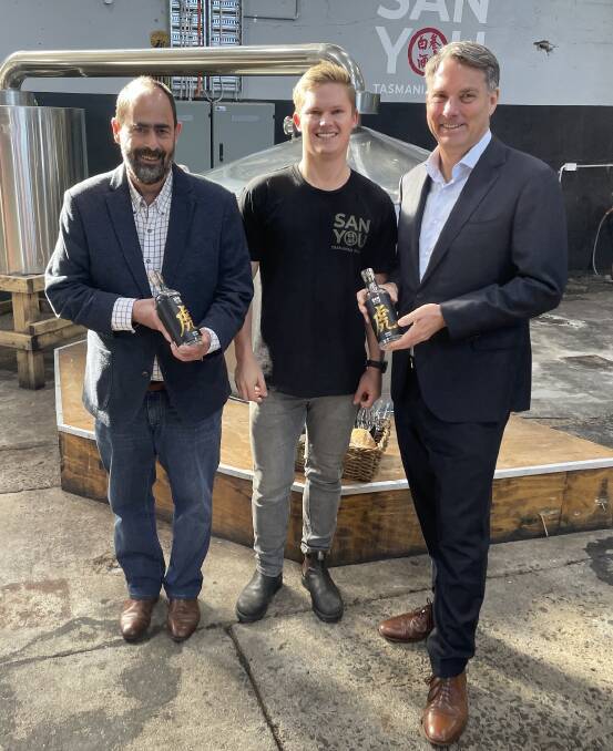 CHEERS: Bass Labor candidate Ross Hart, Co-owner of Sanyou, Ian Sypkes, and Labor's deputy leader Richard Marles at Sanyou in St Leonards on Sunday. Picture: Luke Miller