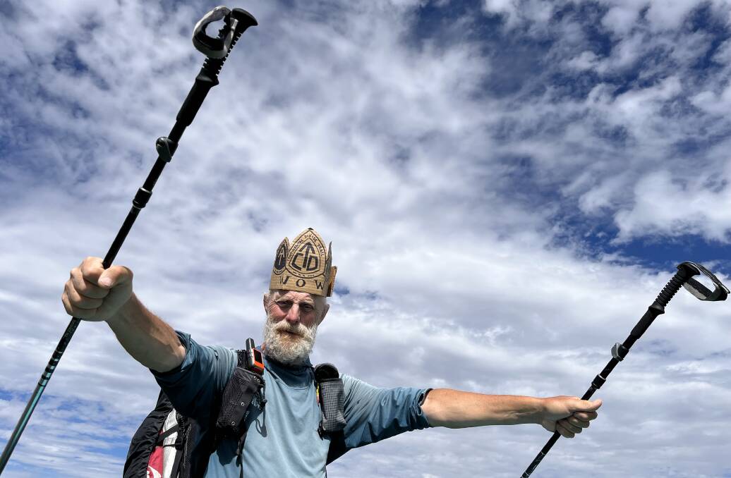 Deviot resident Simon Morris - a 67-year-old former LGH nurse of 30 years - upon completion of his third long-distance hike in the US, which earned him the prestigious "Triple Crown" title, signified by him adorning a paper crown with his track nickname "WOW" inscribed onto it. Picture was supplied. 