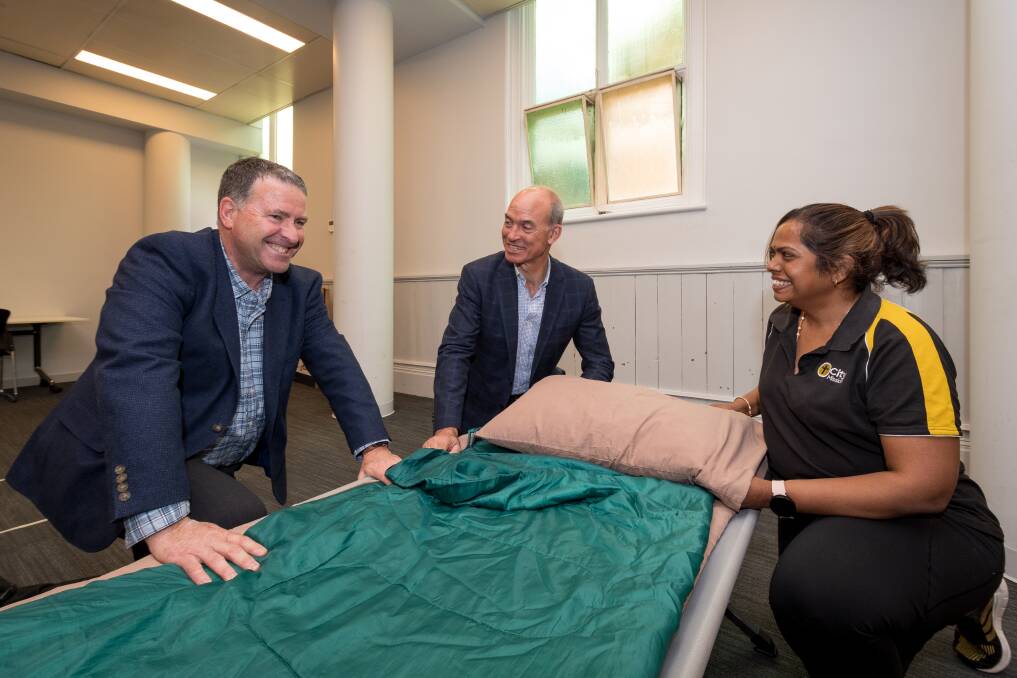 City Mission chief executive Stephen Brown, Housing minister Guy Barnett, and City Mission support worker Mohana Vellasamy at the Safe Places program extension announcement. Picture by Phillip Biggs