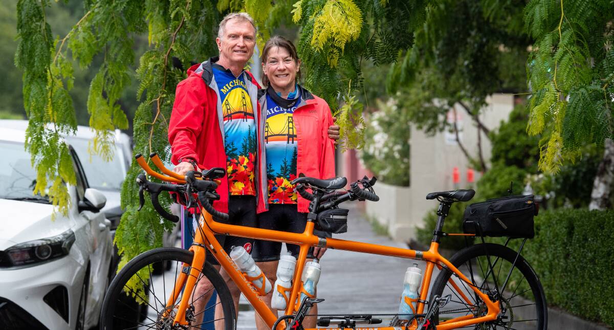 William Byno and Connie Rynalski of Floral City, Florida, were part of a group of tandem cyclists preparing to leave Grand Chancellor, Launceston, on a tour of Tasmania. Picture by Phillip Biggs
