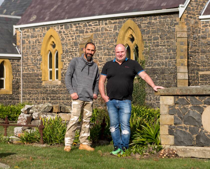 NEW: Marco Youssef and Corey Smith at the Church of the Good Shepherd, in Hadspen, which they are currently seeking expressions of interest for. Picture: Phillip Biggs